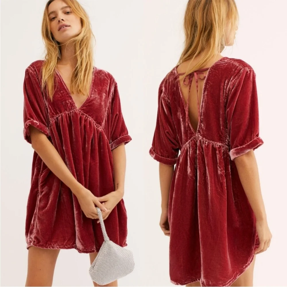 Free People Ivy Rose Smoke Velvet Tie Back Plunge Babydoll Mini Dress XS